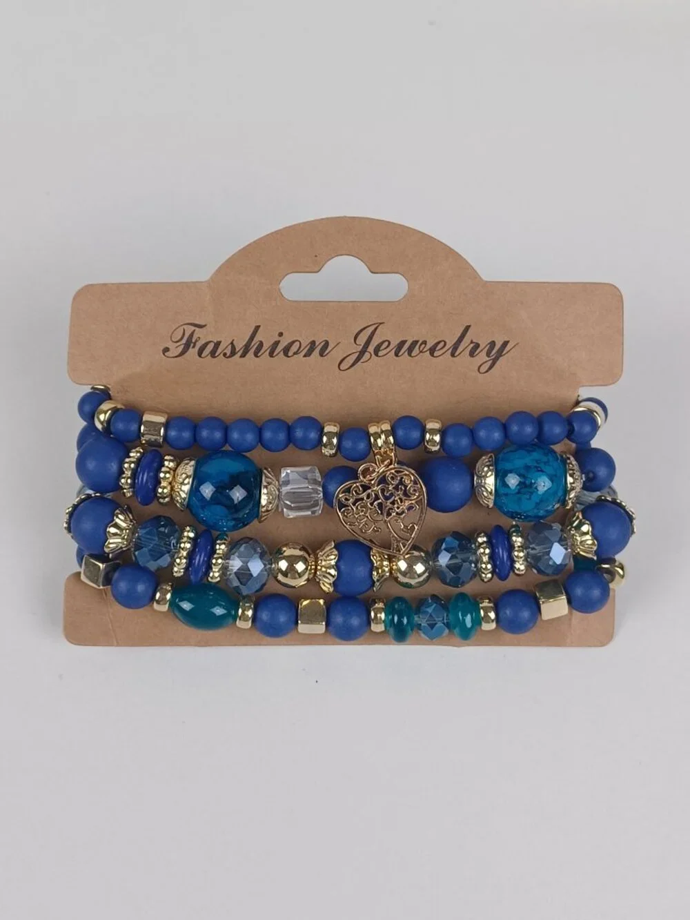 4-Piece Bohemian Beaded Bracelet Set - Dark Blue Heart & Tree Pendants
